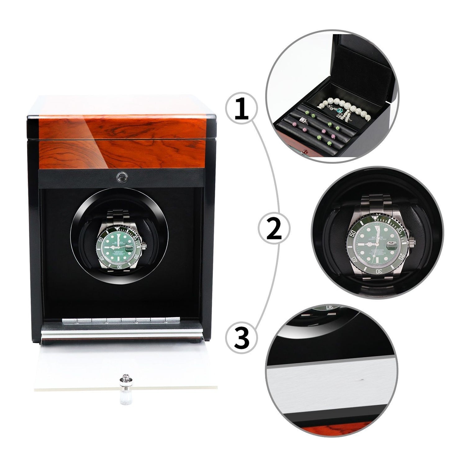 URORO Single Watch Winder - Wood + Red
