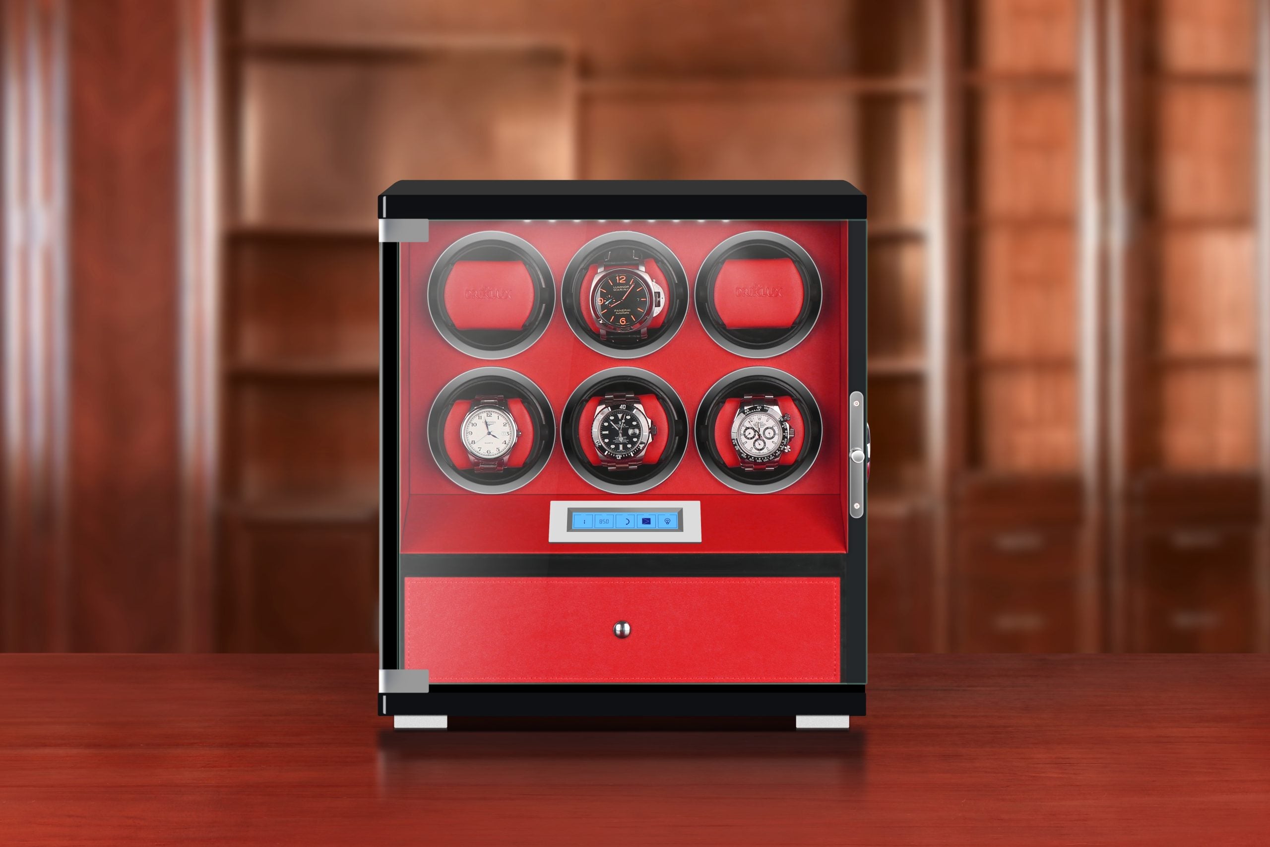 URORO 6 Wooden Watch Winder Box for Rolex with 1 Storage Space Red
